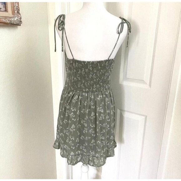 Abercrombie & Fitch Sage Green Floral Shoulder Tie Mini Dress Pockets Size Med - Picture 6 of 8